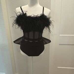 Black Feathered Mesh Jazz Dance Costume